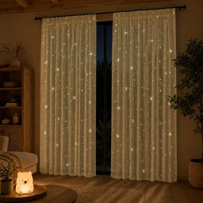 Obrázek produktu pro Záclony do dětského pokoje, sada 2 kusů, průsvitné, s fluorescenčními hvězdami, voilové závěsy, vhodné pro chlapce i dívky, do dětského pokoje, dekorativní, béžové, rozměry 132x214 cm