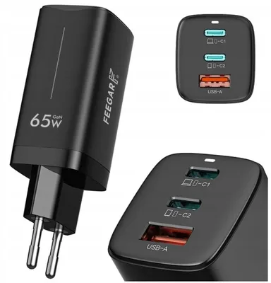 Zdjęcie produktu dla Ładowarka Feegar Gall GaN 65W USB C Zasilacz USB C 3 porty Ładowarka PD Power Delivery Ładowarka z technologią PPS GaN