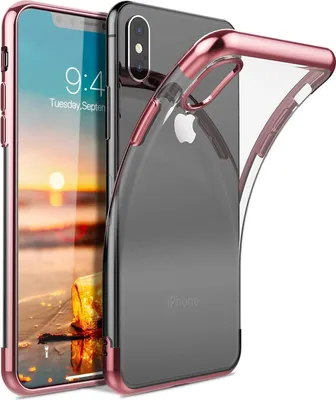 A clear, studio shot of an iPhone XS Max with a transparent case featuring a rose gold trim.