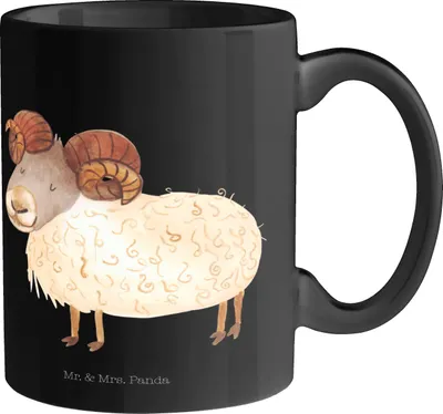 Produktbild von Mr. & Mrs. Panda Kaffeebecher Sternzeichen Widder - Schwarz - Geschenk, Geburtstag April, Bock, Kaffeetasse, bedruckt, März, Tasse, Teetasse, Bedruckte, Schafbock