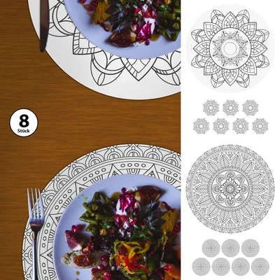 Produktbild von Platzmatten "Mandala" 8er Set Ø38cm rund schwarz weiß Tischset Platzset Tischauflage Tellerunterlage