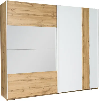 Produktbild von 250 cm breiter Kleiderschrank mit 2 Türen | 10 Fächer | Farbe: Eiche / Weiß