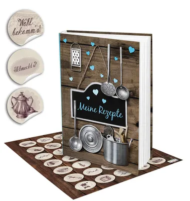 Produktbild von Kleines Kochbuch zum Selberschreiben Meine Rezepte braun türkis DIN A5 Hardcovermit schwarzen Stickern