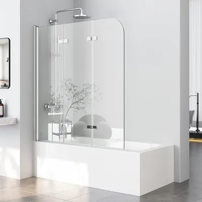 Productafbeelding van Douchewand voor badkuip, 120x140 cm. Badkuipombouw, douchewand, 3-delig, inklapbaar. 5 mm veiligheidsglas. Doucheafscheiding voor badkuip