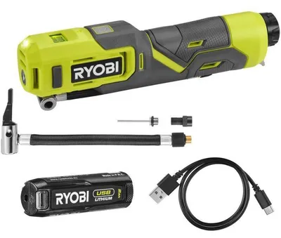 Obrázek produktu pro Elektrické čerpadlo RYOBI 4V USB na baterie pro kola, pneumatiky a míče - baterie 2Ah + nabíječka - RI4-120G
