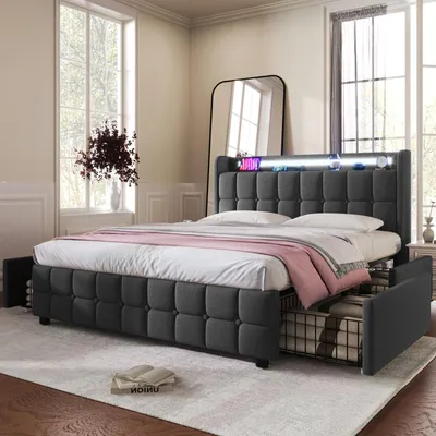 Produktbild von 160 x 200 cm großes Bett mit Schubladen, gepolstertes Doppelbett mit Stauraum, LED-Beleuchtung, 2 USB-Ladeanschlüssen, Bett für Erwachsene, Lattenrost, grau