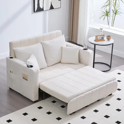 Produktbild von LVHOM Schlafsofa mit 3-fach verstellbarer Lehne&USB, Ausziehbares Schlafbett, 2-Sitzer mit Becherhalter Platzsparend 139x73x83cm, Beige