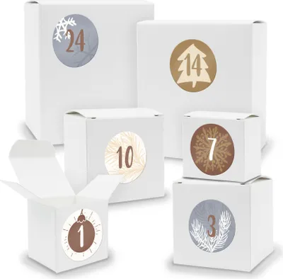 Produktbild von Adventskalender zum Füllen 24x Quader Würfel gemischt WEISS + Sticker (V01 Z15)