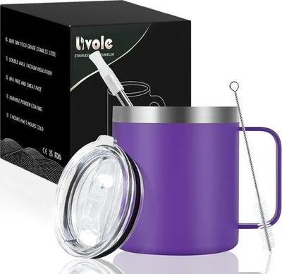 Immagine prodotto di Famanu, bicchiere da campeggio da 350 ml, in acciaio inossidabile, con coperchio e cannuccia, colore viola