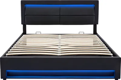 Produktbild von Flieks Polsterbett 140x200cm mit USB, Hydraulisches Boxspringbett mit LED, Jugendbett Stauraumbett mit Lattenrost, Doppelbett Holzbett, PU, Schwarz