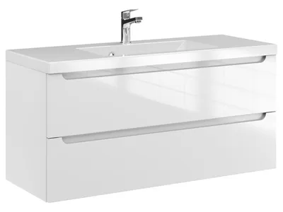 Produktbild von Furni Badunterschrank 100 cm Weiß Hochglanz lackiert – Vormontierter Waschbeckenunterschrank mit Griffmulde, Hängend, 2 Schubladen