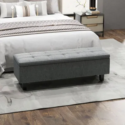 Produktbild von Sitzbank 138 x 40 x 45 cm Dunkelgrau Flurbank  Stauraum Polsterbank Leinenoptik Holzbeine Moderne Bettbank Flur Schlafzimmer Wohnzimmer