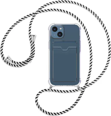 Produktbild von Handykette Backcover-Schutzhülle mit Band (Metall silberfarben) für Apple iPhone 14 (6.1'') - schwarz/weiß gestreift