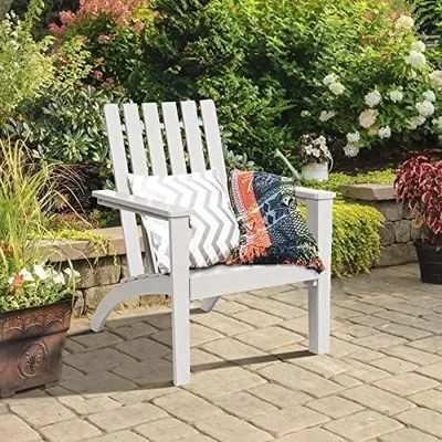 Produktbild von Ergonomischer Adirondack-Gartenstuhl aus Akazienholz mit Armlehnen und hoher Rückenlehne, Outdoor-Holzstuhl für Garten, Hof, Terrasse und Balkon bis 160 kg belastbar (Weiß)