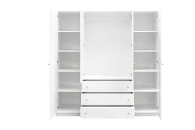 An open white wardrobe with multiple shelves and drawers, shown against a white background.