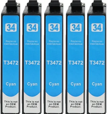 Produktbild von 5 kompatible Druckerpatronen T3472, T34 XL Cyan für Epson WorkForce Pro WF-3720 DW, WF-3720 DWF, WF-3725 DWF