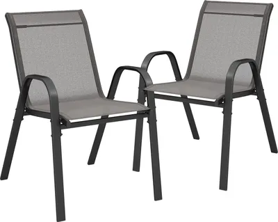 Produktbild von Terrassenstühle im 2er-Set, stapelbare Balkonstühle mit robustem Metallrahmen, Outdoor-Sessel mit atmungsaktivem Stoffsitz für Garten, Hof, Grau
