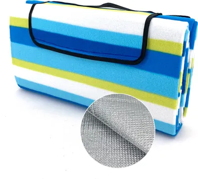 Produktbild von heimtexland Picknickdecke wasserdicht Outdoor Strandmatte Isomatte waschbar Campingdecke faltbar mit Tragegriff Festival Zelten Picknick Strand Decke Typ549 Streifen Blau 135x170 cm