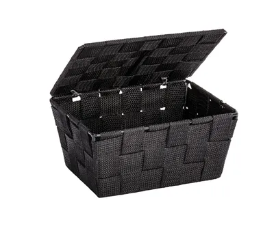 A black woven storage basket with an open lid, shown against a white background.