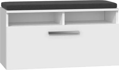 A white shoe cabinet with a dark gray cushion on top, featuring two open shelves and a drawer with a silver handle.