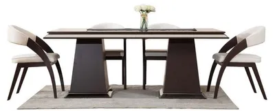 Produktbild von Casa Padrino Luxus Art Deco Esszimmer Set Cremeweiß / Dunkelbraun - 1 Verspiegelter Luxus Art Deco Esstisch & 6 Luxus Art Deco Esszimmerstühle - Luxus Art Deco Esszimmer Möbel