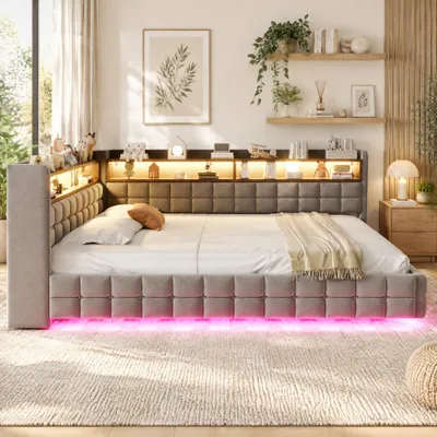 Obrázok produktu pre INONEFT Čalúnená posteľ s rozkladacou sedačkou, 140x200 cm, s LED osvetlením a USB portami, hydraulická posteľ s úložným priestorom a opierkou, rám postele s latkovým roštom, svetlosivá