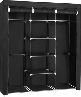 A black fabric wardrobe with multiple shelves and hanging rods.