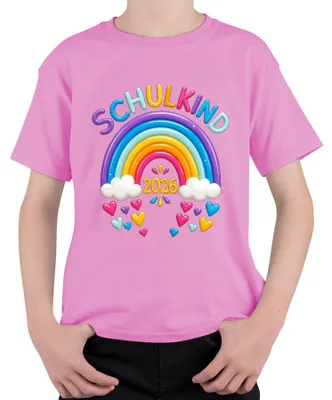Immagine prodotto di Maglietta per bambini, colore rosa, taglia 104, con motivo "Prima elementare 2026", "Arcobaleno", "Primo giorno di scuola", "Zaino scolastico"