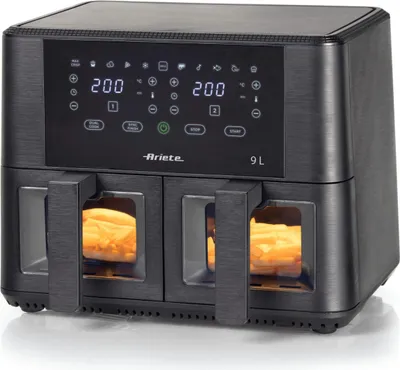 A black dual-basket air fryer with food inside, shown from the front.