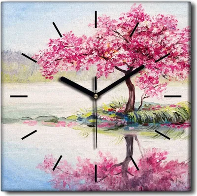 Produktbild von Coloray Uhr auf Leinwand 30x30 cm Wand Uhr Dekoration Wohnzimmer Segeltuch schwarze Hände -Kirschbaumlandschaft.