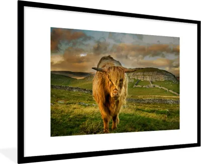 Produktbild von MuchoWow® Gerahmtes Poster Schottischer Highlander - Gras - Berg 90x60 cm - Poster mit Schwarzem Bilderrahmen Wandposter Rahmen Foto Bilder - Wanddekoration - Fotos