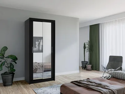 Produktbild von Krudox MINI Kleiderschrank Schiebetür Schwarz 90x200x61 cm mit Spiegel Kleiderstange Schlafzimmer Mehrzweckschrank