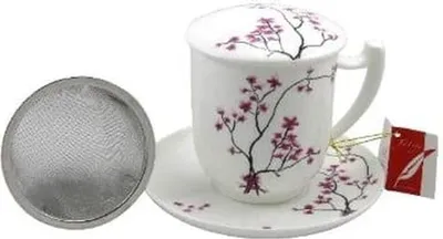 Produktbild von Kräuterteetasse Cherry Blossom mit Edelstahlfilter, Deckel und Untertasse 0,35l