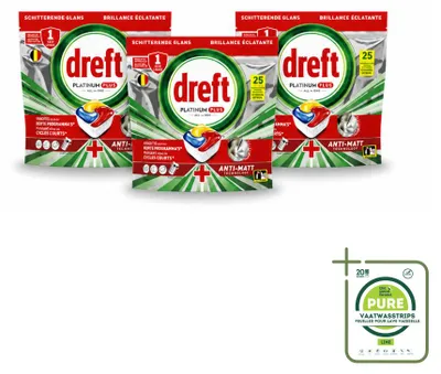 Produktbild von 3 x Dreft Platinum Plus All-in-One Geschirrspültabs - Zitrone - 25 Tabs - Großpackung - 3 Stücke