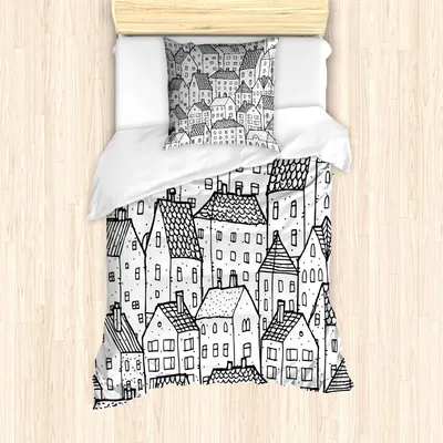 Obrázek produktu pro ABAKUHAUS Sada povlečení na peřinu, opakující se monochromatický vzor jednoduchých ručně kreslených domů v liniovém stylu, 135 x 200 cm + 80 x 80 cm, uhlově šedá a bílá