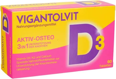 A product box for Vigantolvit Vitamin D3 K2 Calcium supplements.