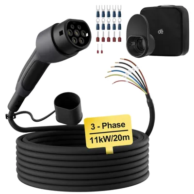 Image de Câble de recharge pour véhicule électrique - Type 2, extrémité ouverte - 11 kW - Triphasé - 16 A - 230 V - 20 m - IP55