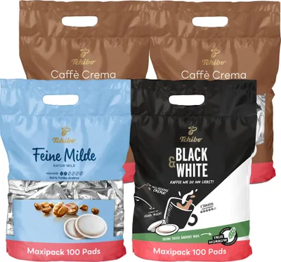 Produktbild von Tchibo Kaffeepads Probierset Vorratspack Maxipack, Feine Milde (1x), Caffè Crema vollmundig (2x) & BLACK&WHITE (1x), 400 Stück – 4x 100 Pads, nachhaltig, geeignet für Senseo Maschinen