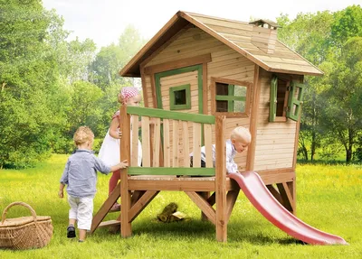 Obrázek produktu pro AXI Crooked Robin Playhouse Brown/green - Red Slide, Domeček na hraní na sloupcích, 2 rok/roky, 1 dveře/dveří, Skluzavka, Vícebarevný