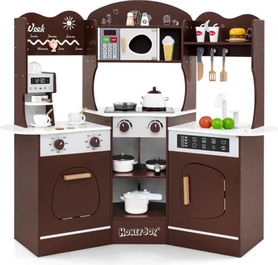 Produktbild von Holz Eck Spielküche mit Sound & Licht & Kaffeemaschine & Rutsche Kleinkind Küchen Spielset Braun