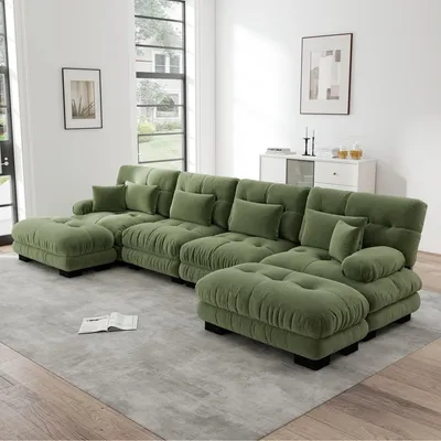 Zdjęcie produktu dla Sofa Chenille Cloud w kształcie litery U, modułowa sofa rozkładana z podnóżkiem, 4-osobowa, 406 x 145 x 81 cm, zielona
