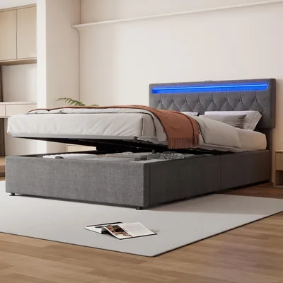 A bed with storage and LED lighting in a room setting.