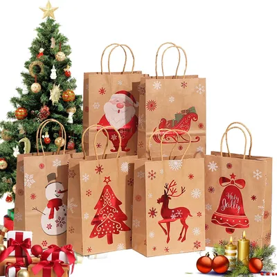 Produktbild von 24 Stück Weihnachts-Geschenktüten, weihnachtliche braune Papiertüten, Geschenktüten mit Griffen, Weihnachts-Leckerli-Tüten für Feiertage