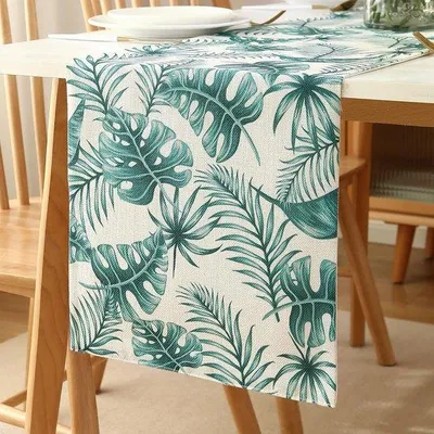 Produktbild von Unyqoos® Tischläufer aus Leinen, Blatt‑Design, 33 x 183 cm – modern, für 4–6 Personen, Esszimmer & Küche, Nachbildung für Hochzeit und Bankett