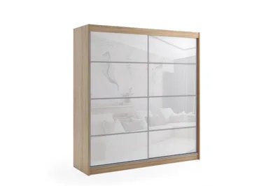 Produktbild von ALTDECOR Kleiderschrank mit Lacobel-Schiebetüren, kugelgelagerte Führungsschienen und Aluminium-Leisten - VIVONA - mit LED-Beleuchtung und Fernbedienung - 180 cm - Hellbraun/Weiß