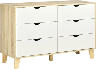 Image de HOMCOM Commode 6 tiroirs commode chambre meuble de rangement style scandinave avec pieds en bois, pour chambre à coucher, salon, 120 x 40 x 76 cm, aspect bois et blanc