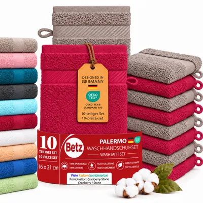 Produktbild von Betz 10 Stück Waschhandschuhe 16x21 cm PALERMO 100% Baumwolle Farbe: cranberry / stone