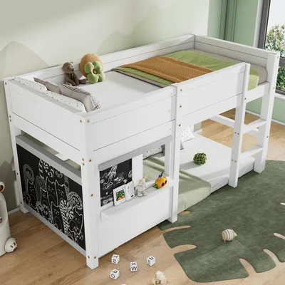 Productafbeelding van Huisbed met 2 krijtborden en opbergplank , 90x200 cm eenpersoons , Wit , Veilige omheining en trap , Scandinavisch design , Massief grenenhout , Geschikt voor kinderkamer