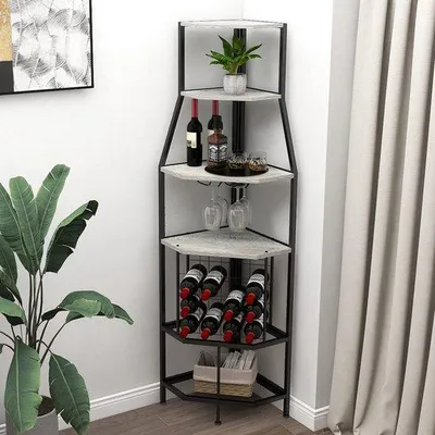 Image de Étagère d'angle grise à 5 niveaux avec tablette en verre et espace de rangement pour le vin, pour la cuisine et le bar