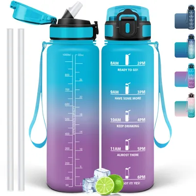 Immagine prodotto di Borraccia da 1000 ml, blu e viola, senza BPA, a prova di perdite, con cannuccia